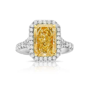 Radiant Shaped Yellow Diamond Ring, Canary Light Yellow Halo Statement Ring