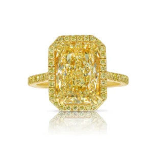 Fancy Light Yellow Elongated Radiant Diamond Ring with Matching Yellow Gold Halo