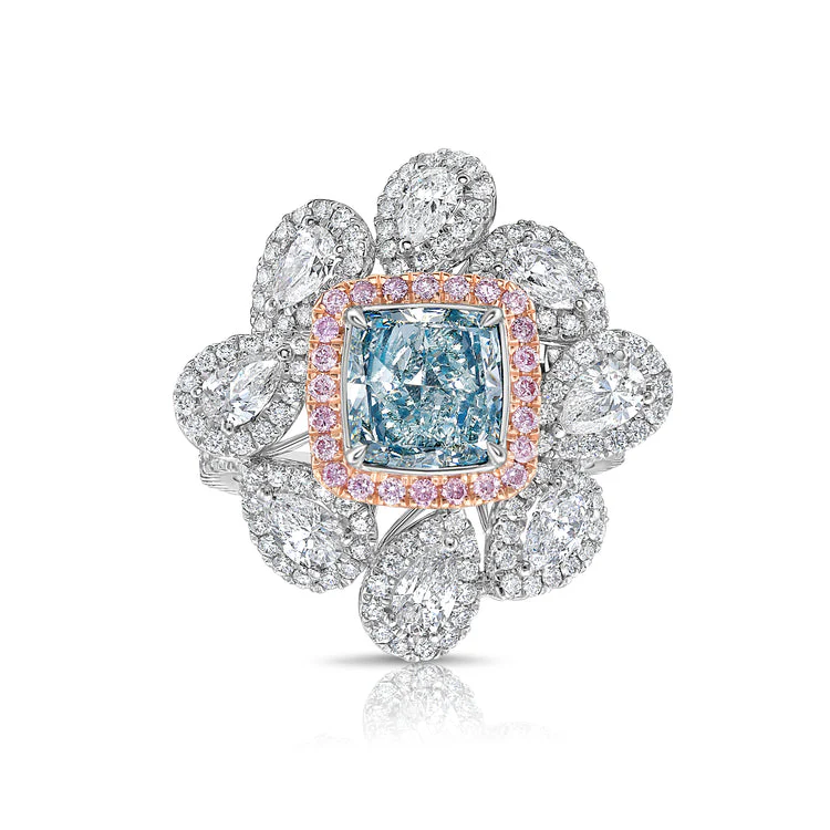 Bluish Green Cushion Diamond Centerpiece Ring
